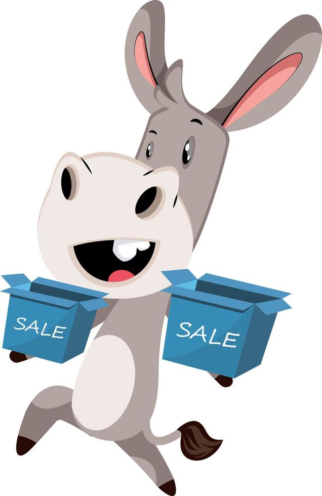 Donkey with sale box, illustration, vector on white background.