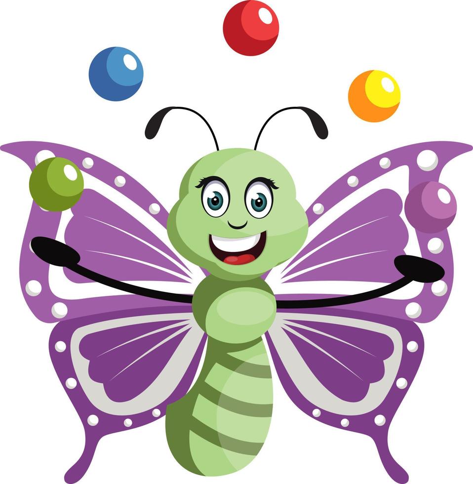 Butterfly juggling, illustration, vector on white background.