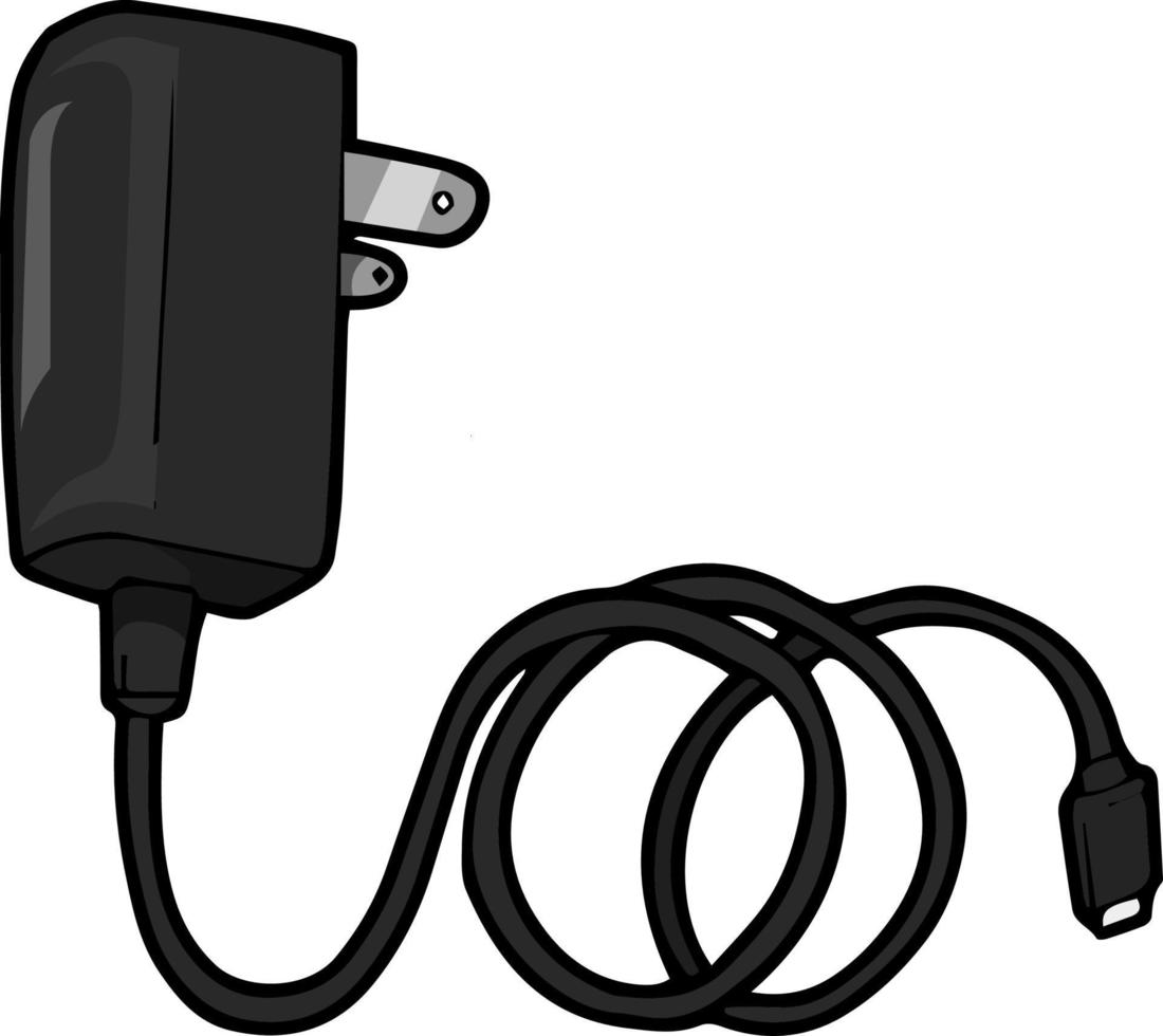 A mobile charger in black colour, illustration, vector on white background.
