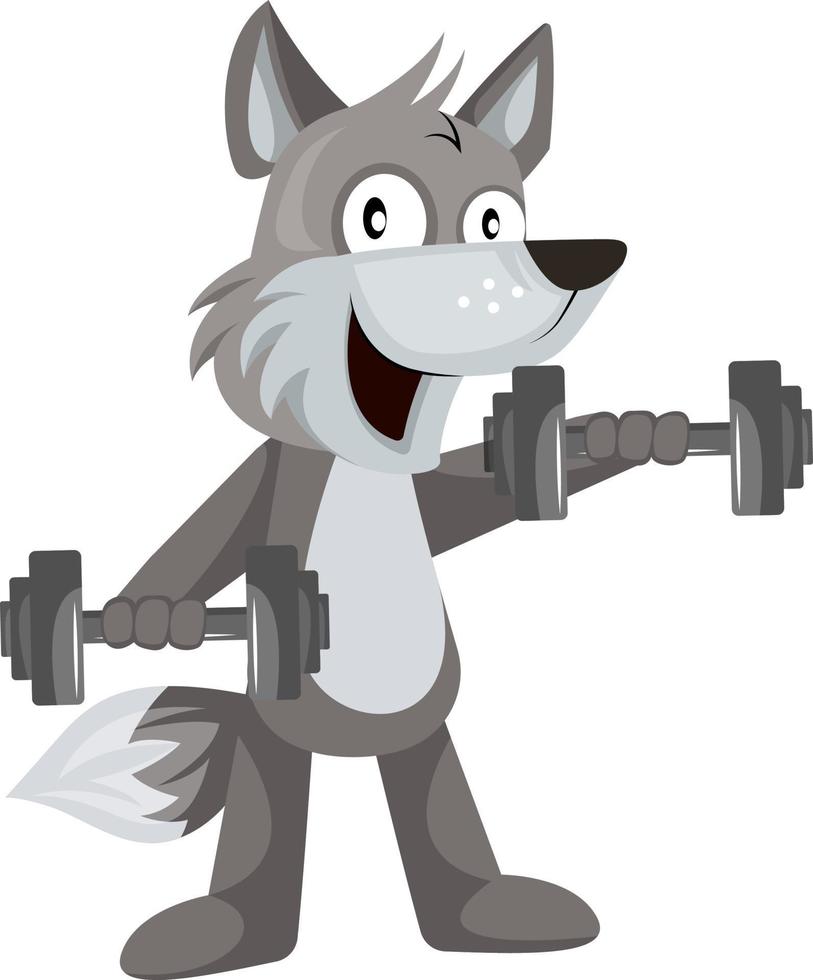 Wolf with weights, illustration, vector on white background.