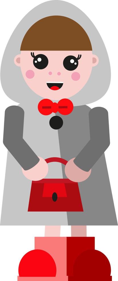 Chica muñeca con bolso, ilustración, vector sobre fondo blanco.