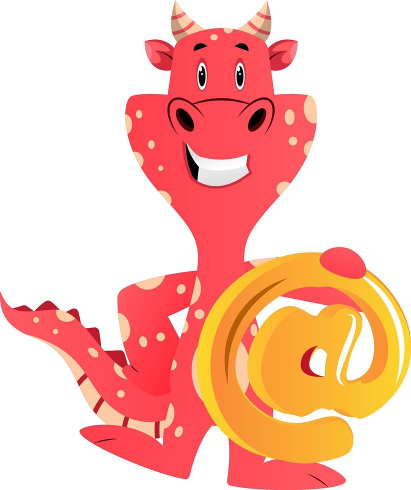dragón rojo está sosteniendo en el signo de correo electrónico, ilustración, vector sobre fondo blanco.