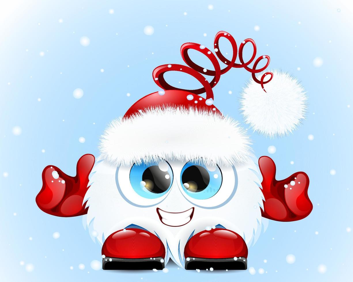 Cute fluffy funny cartoon white Santa in Santa hat and like thumbs red mittens vector