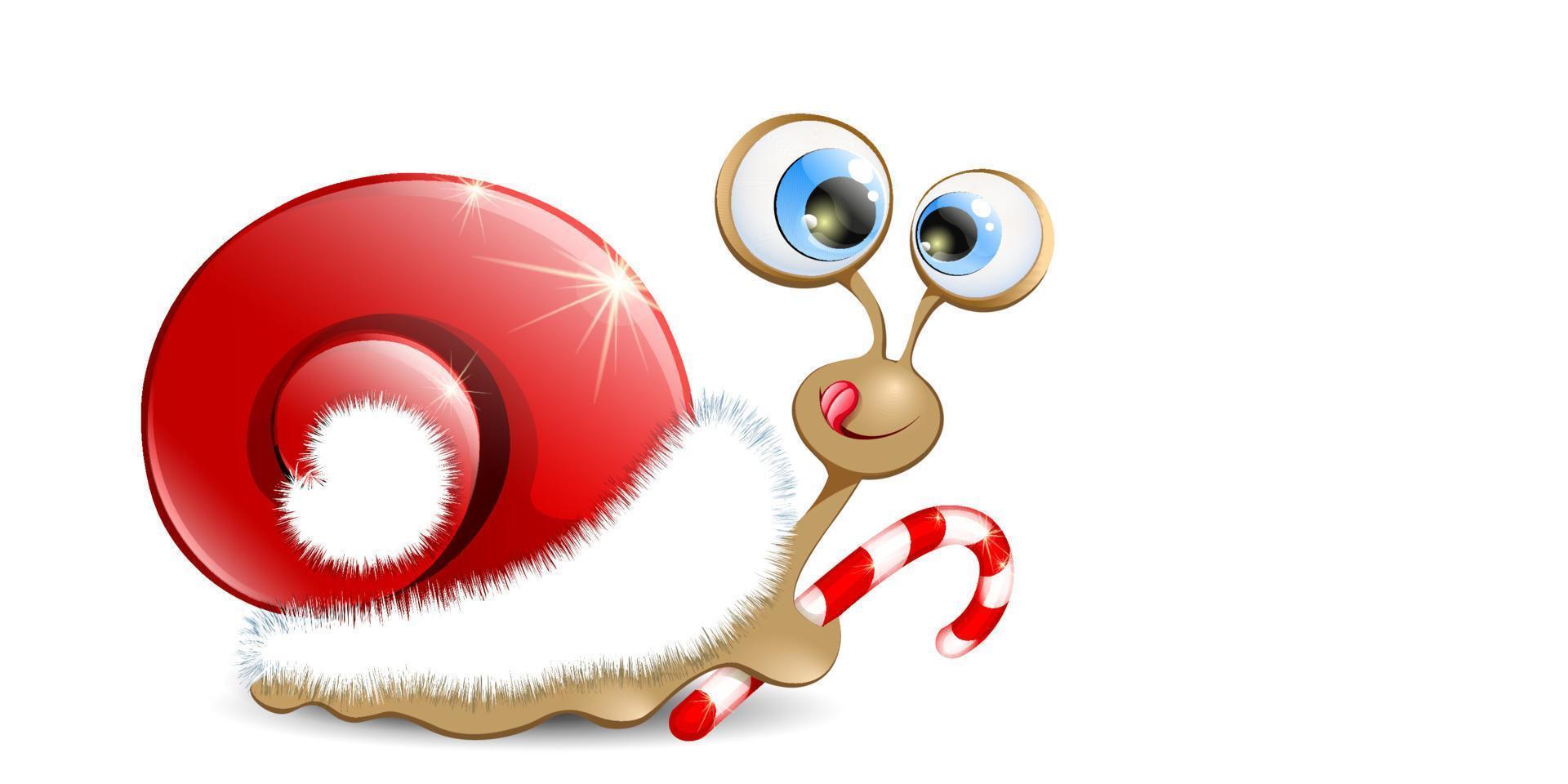 caracol de navidad de dibujos animados divertidos con caparazón de sombrero de santa, lamiendo labios y sosteniendo bastón de caramelo vector