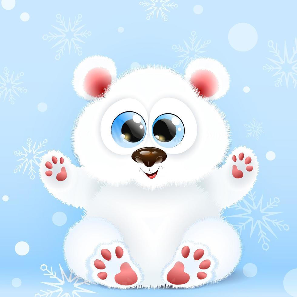 Cute fluffy winter cartoon little white bear on blue background with snowflakes. vector