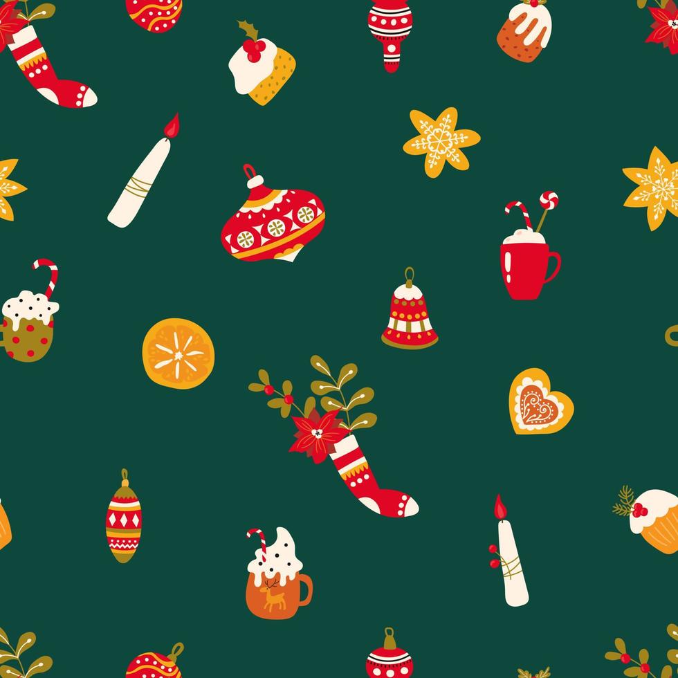 Seamless pattern with Christmas decorations. Design for fabric, textile, wallpaper, packaging, wrapping paper. vector