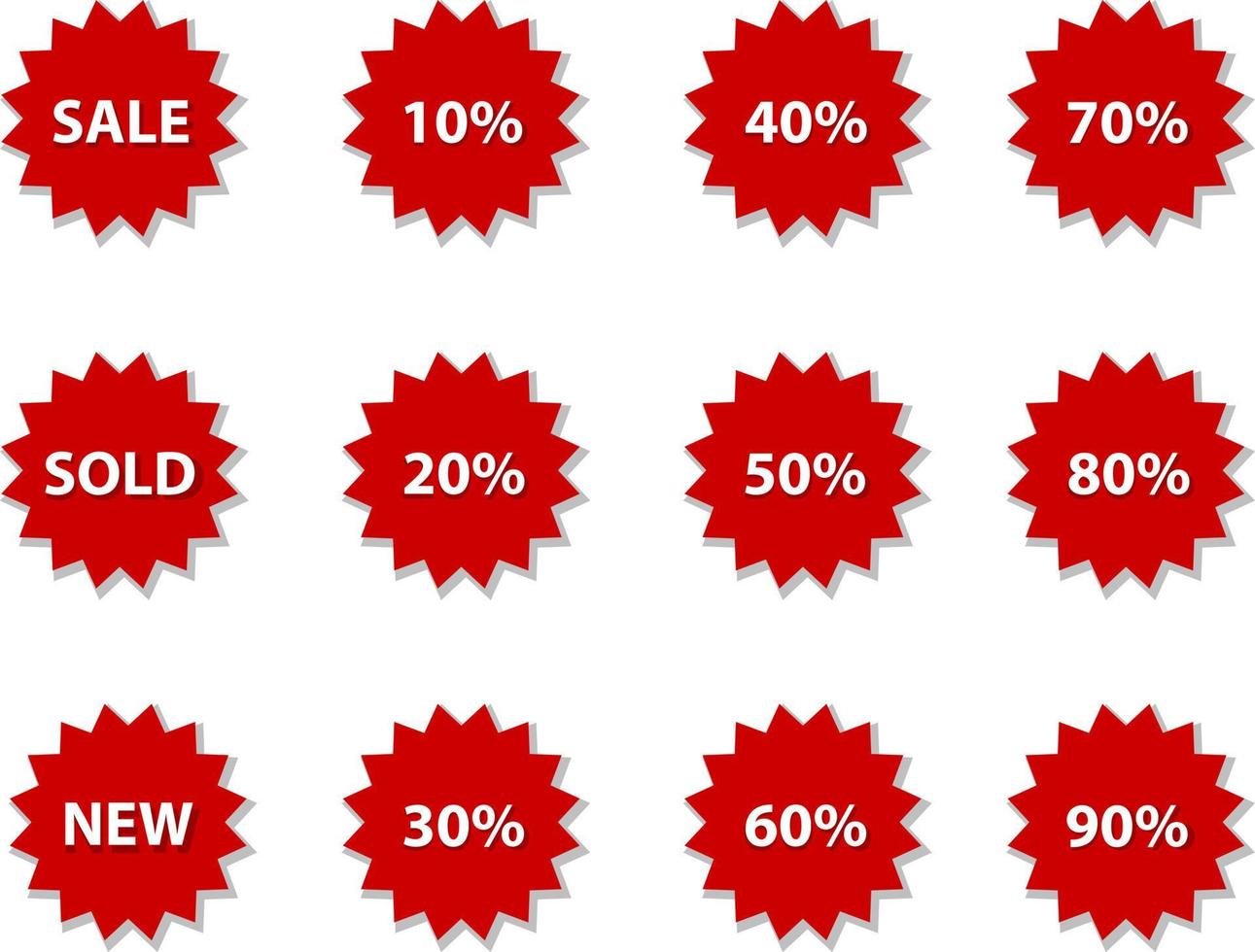 insignias de venta, vector de etiquetas. conjunto de iconos de color rojo venta, vendido, nuevo, descuentos porcentuales.