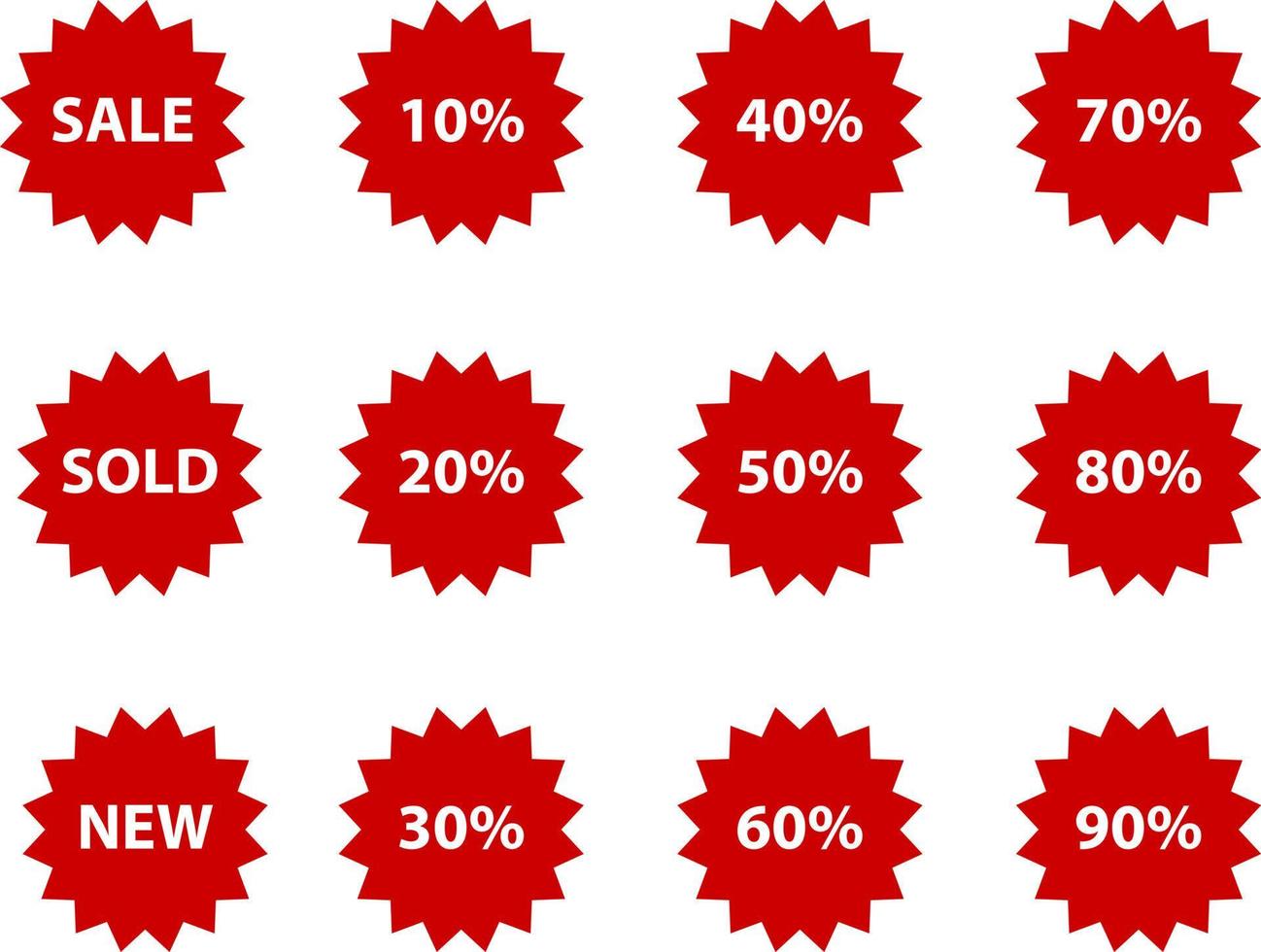 Sale badges, tags vector. Set of red color icons Sale, Sold, New, Percentage discounts. vector