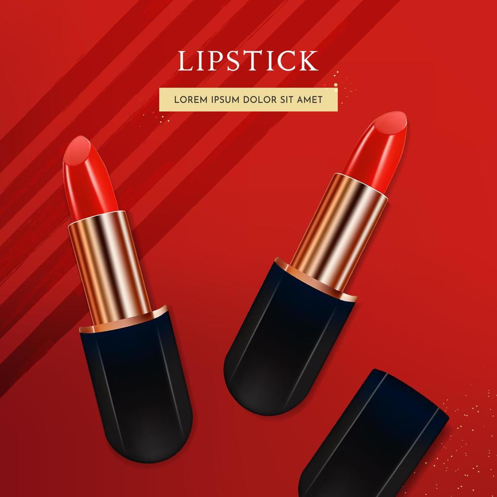 Producto cosmético de lápiz labial realista 3d sobre fondo rojo. vector