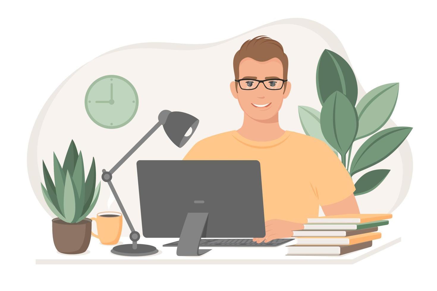 Student man learns using online courses, freelancer working from home. Freelance,  studying or online education, homeschooling concept. Vector flat style illustration.