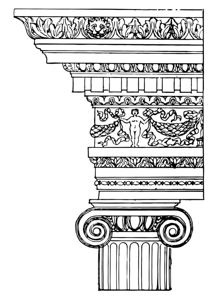 orden jónico, órdenes clásicos de la arquitectura clásica, grabado antiguo. vector