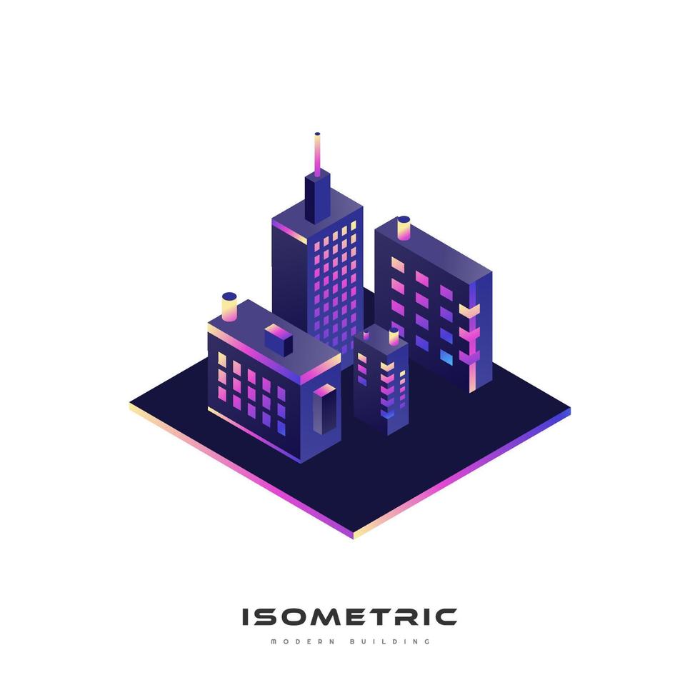 Ilustración de vector de edificio isométrico futurista y colorido. ilustración de la industria inmobiliaria y de la construcción