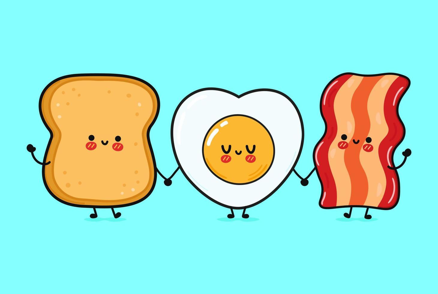 lindo, divertido tocino feliz tostadas y huevos fritos. personajes kawaii de dibujos animados dibujados a mano vectorial, icono de ilustración. caricatura divertida tostada tocino y huevos fritos concepto de personaje de mascota vector