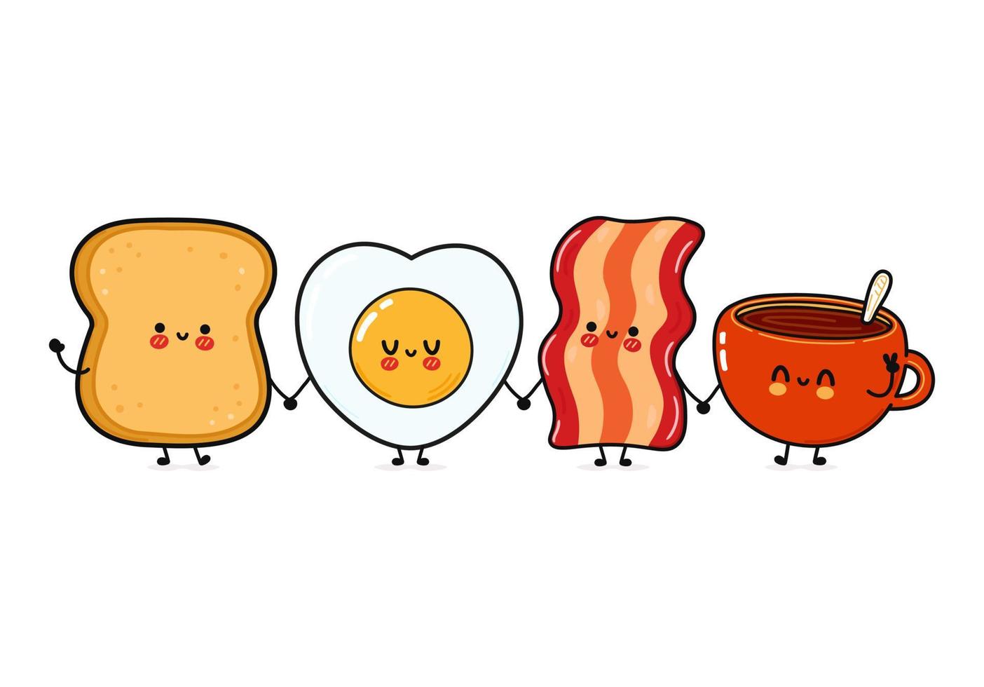 Cute happy cup of coffee toast bacon and fried eggs. Vector hand drawn cartoon kawaii characters, illustration icon. Funny cartoon cup of coffee toast bacon and fried eggs mascot character concept