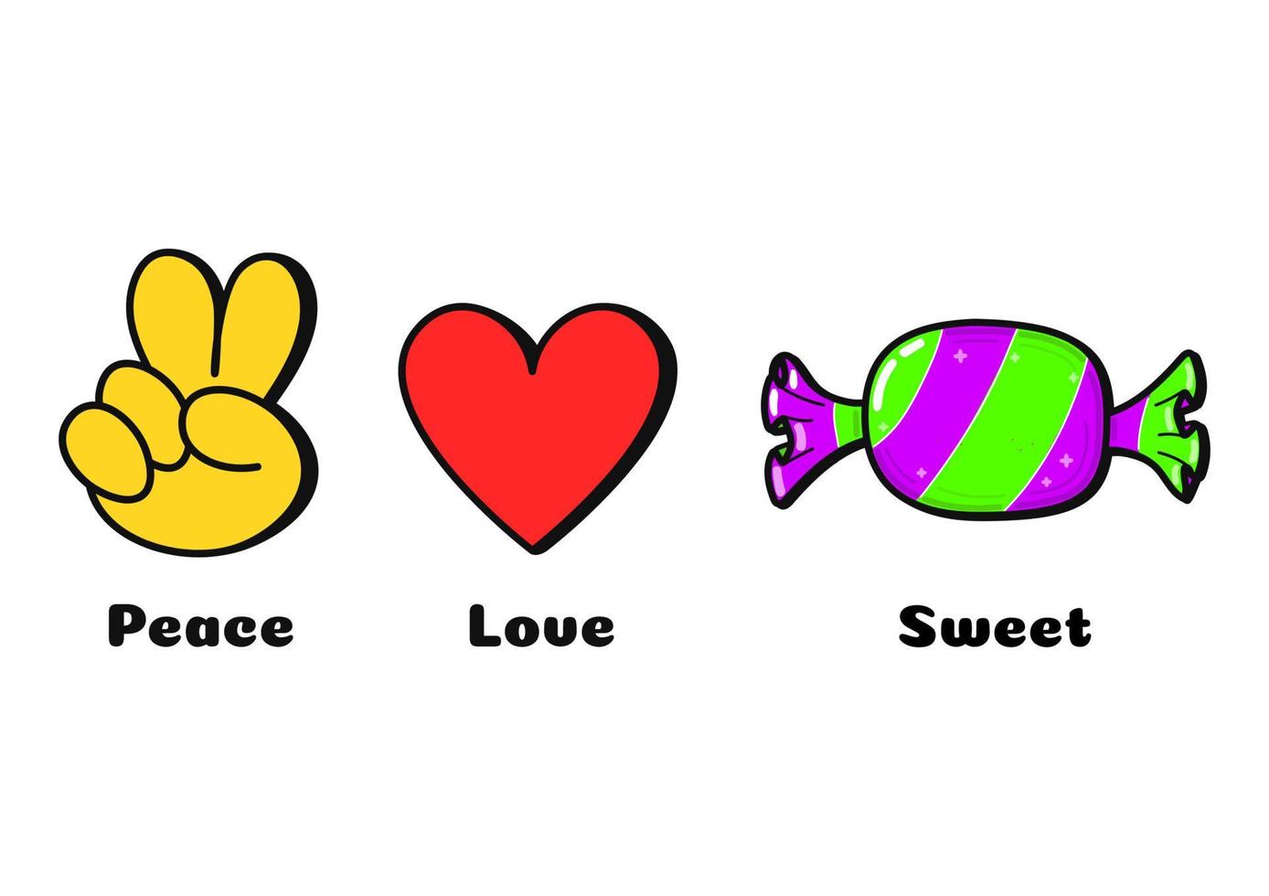 Peace, love, candy concept print for t shirt.Vector cartoon doodle line graphic illustration logo design. Peace sign, heart, candy print for poster, t-shirt, logo concept vector