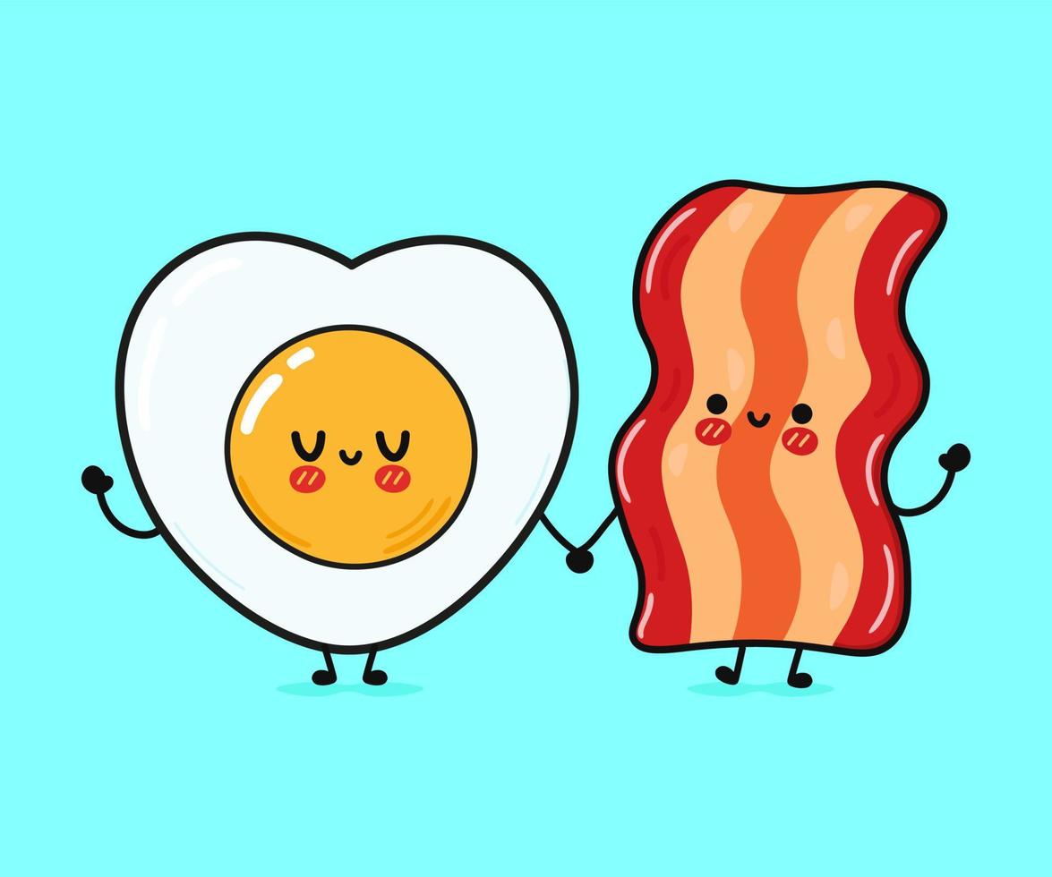 Cute, funny happy bacon and fried eggs. Vector hand drawn cartoon kawaii characters, illustration icon. Funny cartoon bacon and fried eggs mascot character concept