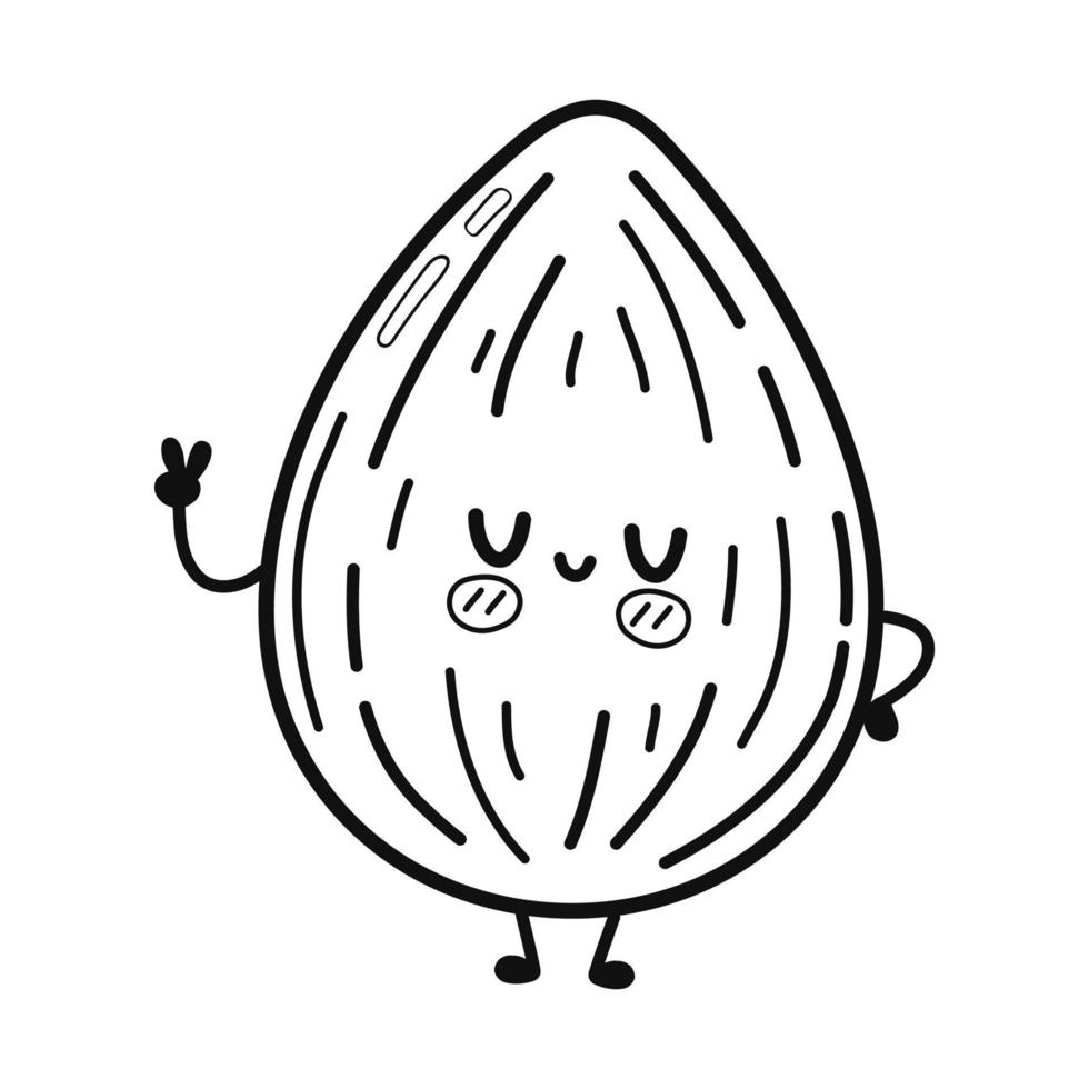Funny cute happy almond characters bundle set. Vector kawaii line cartoon style illustration. Cute almond mascot character collection, outline cartoon illustration for coloring book