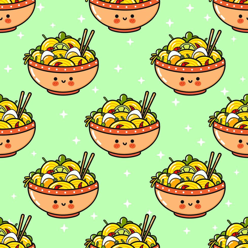 Cute funny ramen bowl pattern. Vector hand drawn cartoon kawaii character illustration icon. Ramen bowl character concept