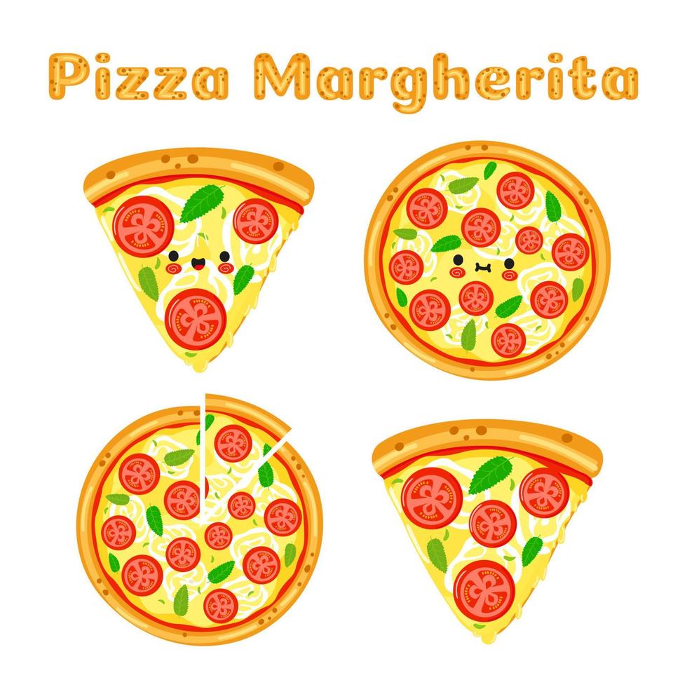 divertido lindo feliz pizza margherita personajes paquete conjunto. diseño de icono de ilustración de personaje de dibujos animados de estilo de fideos dibujado a mano vectorial. linda colección de personajes de mascota de pizza margherita vector