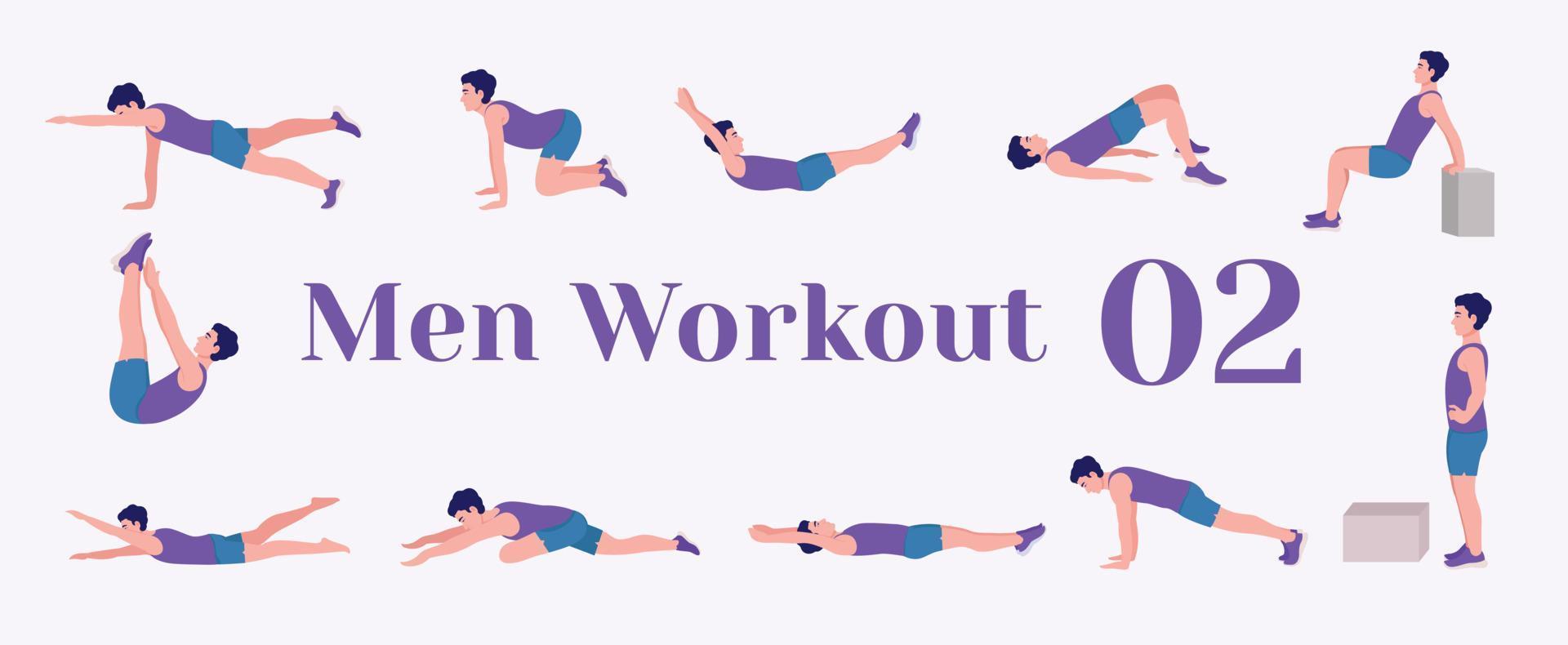 Men Workout Set. Men exercise vector set. Men doing fitness and yoga exercises. Lunges, Pushups, Squats, Dumbbell rows, Burpees, Side planks, Glute bridge, Leg Raise, Russian Twist .etc