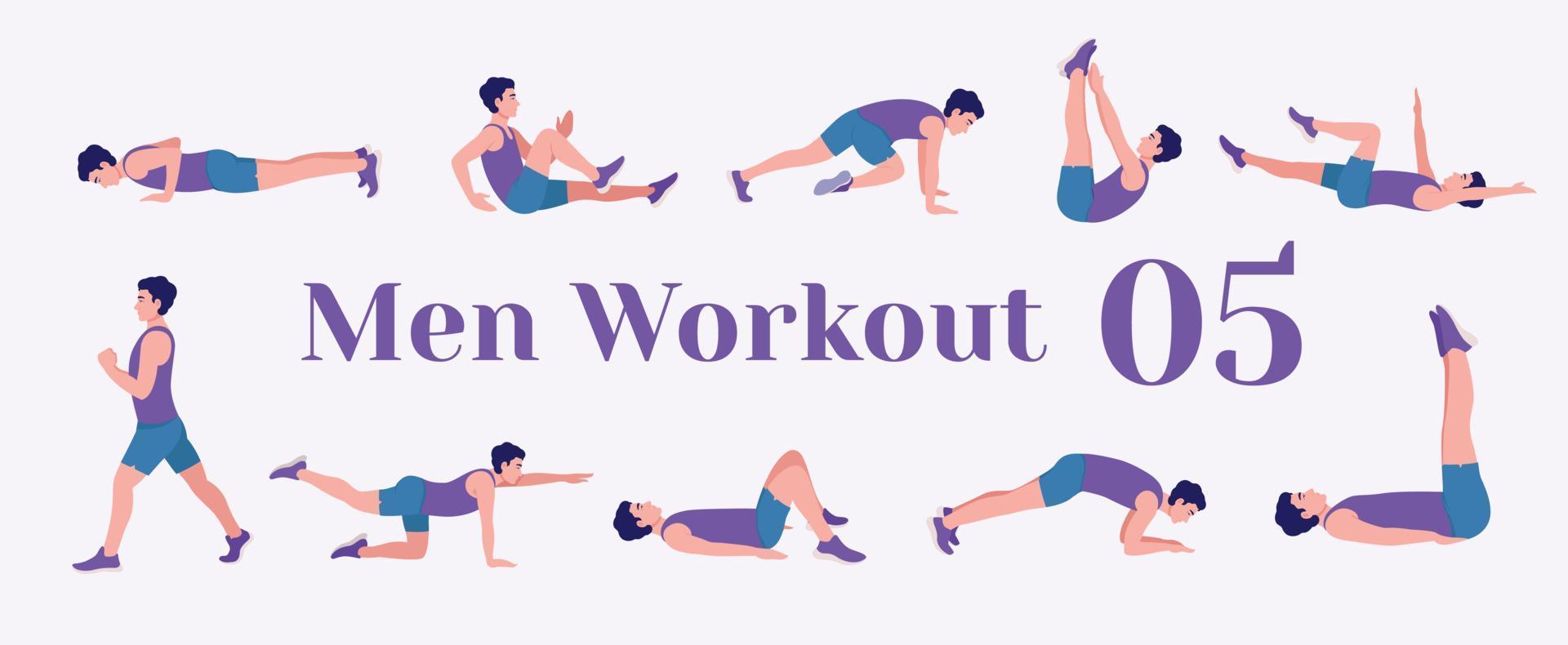 Men Workout Set. Men exercise vector set. Men doing fitness and yoga exercises. Lunges, Pushups, Squats, Dumbbell rows, Burpees, Side planks, Glute bridge, Leg Raise, Russian Twist .etc