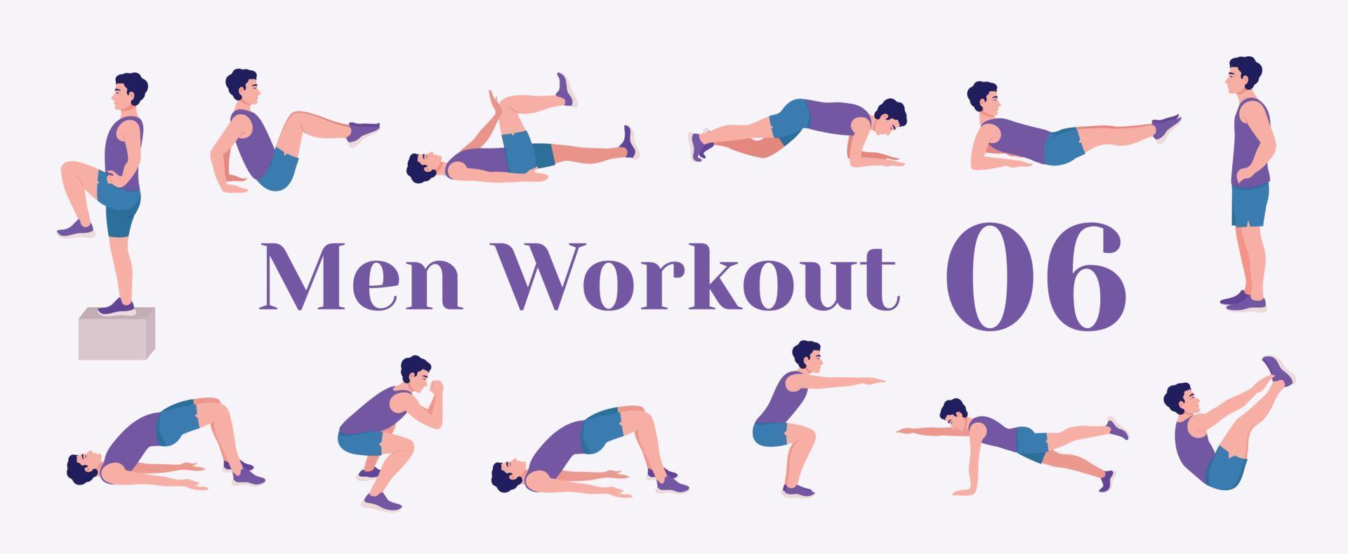 Men Workout Set. Men exercise vector set. Men doing fitness and yoga exercises. Lunges, Pushups, Squats, Dumbbell rows, Burpees, Side planks, Glute bridge, Leg Raise, Russian Twist .etc