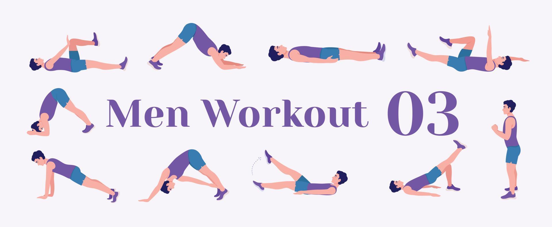 Men Workout Set. Men exercise vector set. Men doing fitness and yoga exercises. Lunges, Pushups, Squats, Dumbbell rows, Burpees, Side planks, Glute bridge, Leg Raise, Russian Twist .etc