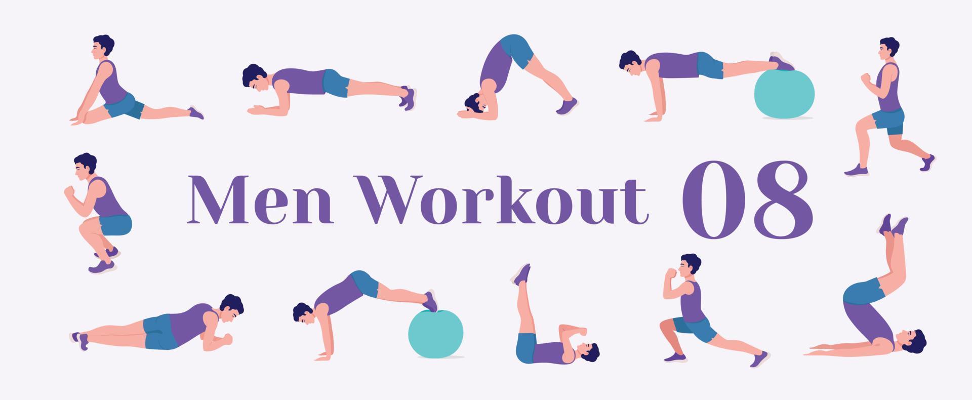 Men Workout Set. Men exercise vector set. Men doing fitness and yoga exercises. Lunges, Pushups, Squats, Dumbbell rows, Burpees, Side planks, Glute bridge, Leg Raise, Russian Twist .etc