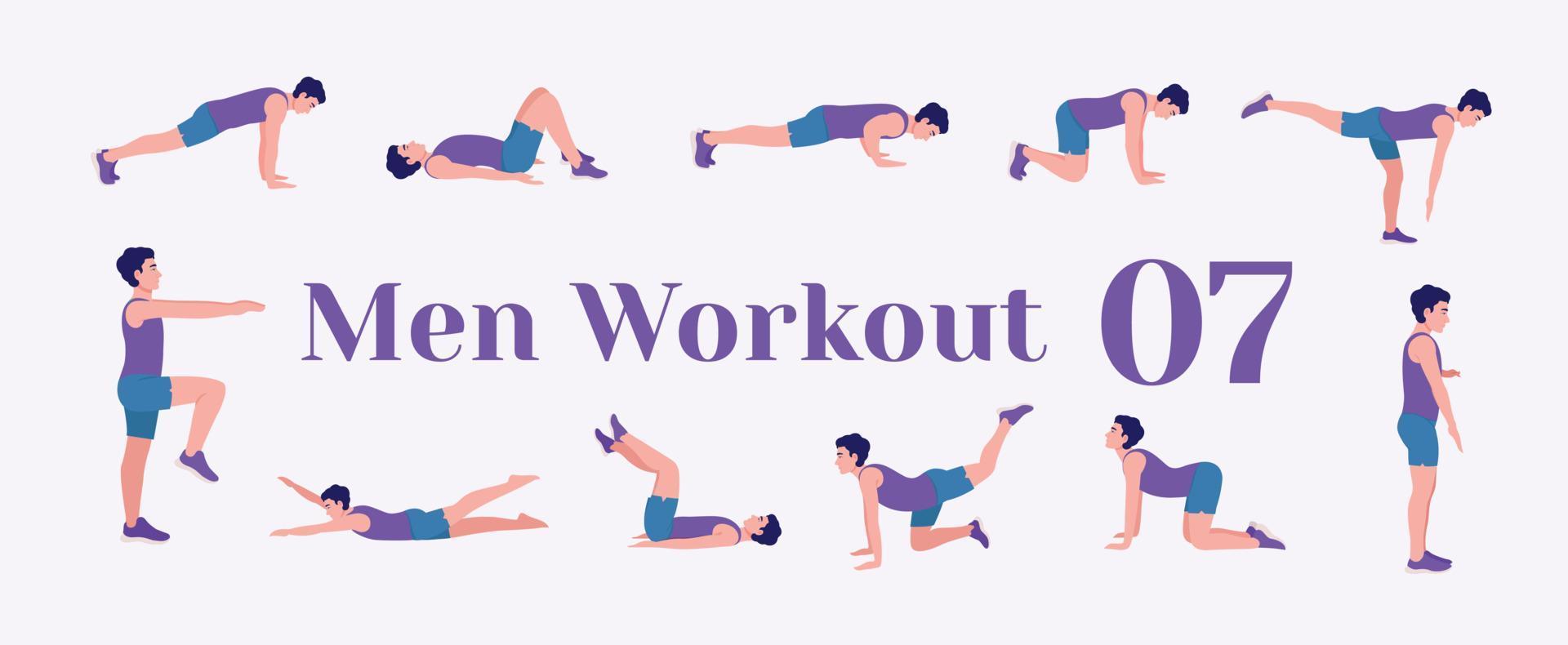 Men Workout Set. Men exercise vector set. Men doing fitness and yoga exercises. Lunges, Pushups, Squats, Dumbbell rows, Burpees, Side planks, Glute bridge, Leg Raise, Russian Twist .etc