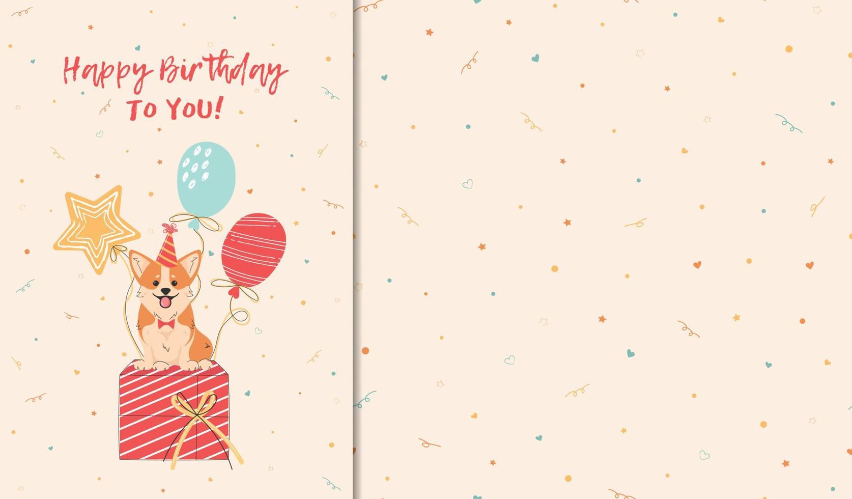 Birthday card set with a cute Corgi sitting on balloon gifts and a seamless festive pattern. Vector