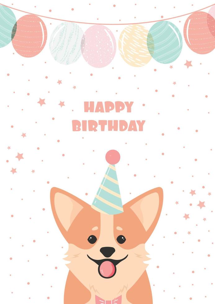 una linda tarjeta de cumpleaños con una carita sonriente de corgi y globos. plantilla vectorial vector