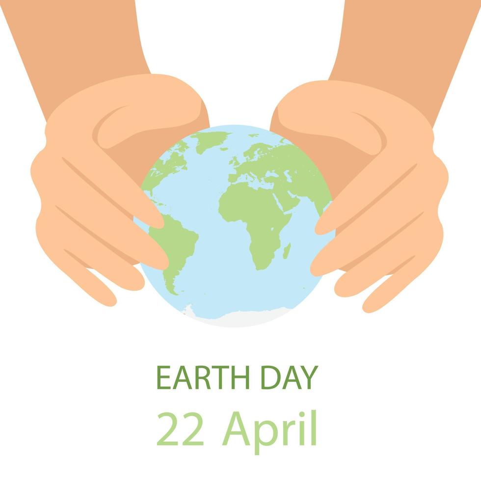 Two hands protect the earth. Hands cover the ground. Earth day banner. Vector illustration.