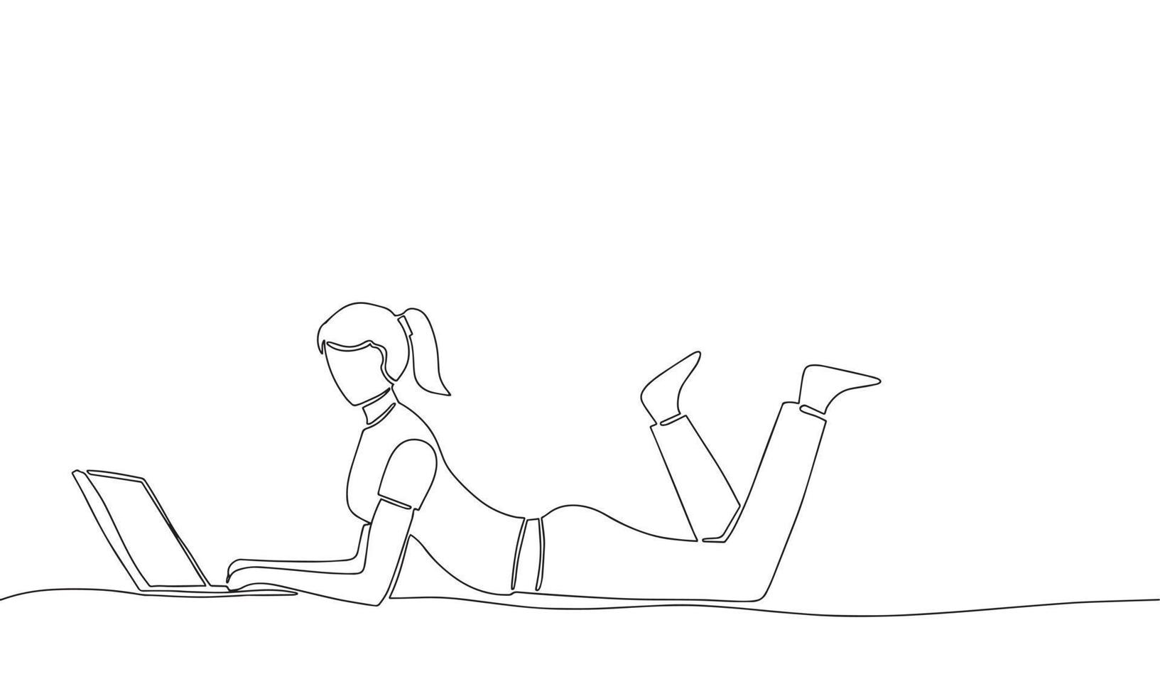 Hand draw line art outline woman lying down and working with laptop. Vector illustration.