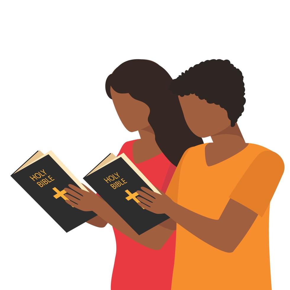 mujer afroamericana y hombre leyendo la sagrada biblia. biblia de estudio ilustración vectorial vector