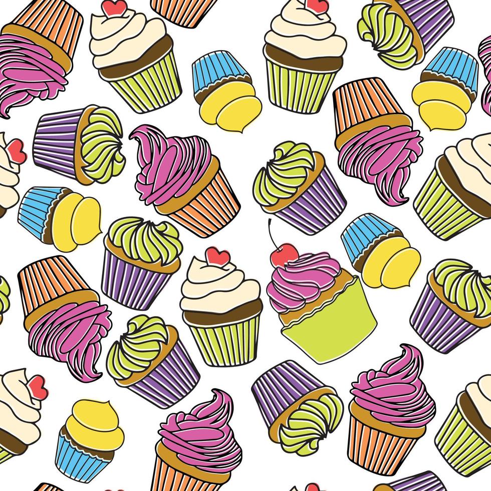 patrón sin costuras con diferentes tipos de muffins y cupcakes. Ilustración de vector de fideos con color. elementos de dibujo a mano.