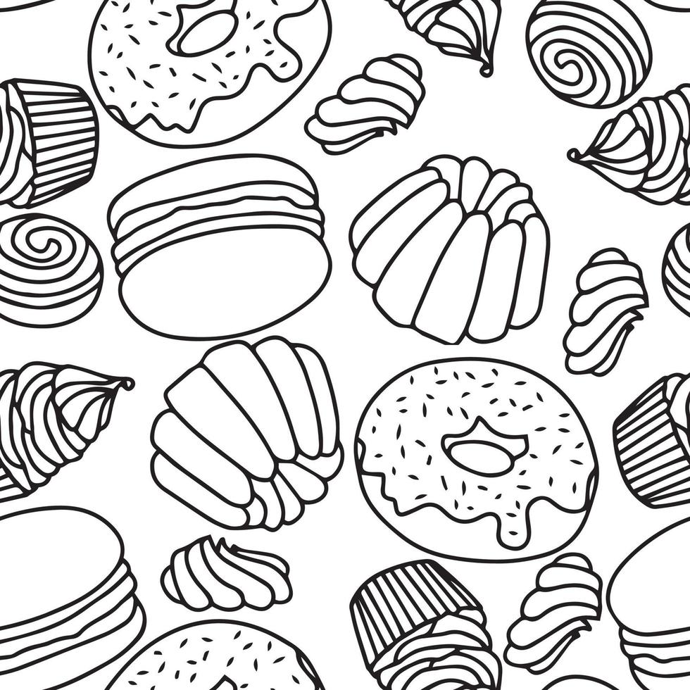 Seamless doodle hand draw pattern with different types of deserts.  Vector illustration.