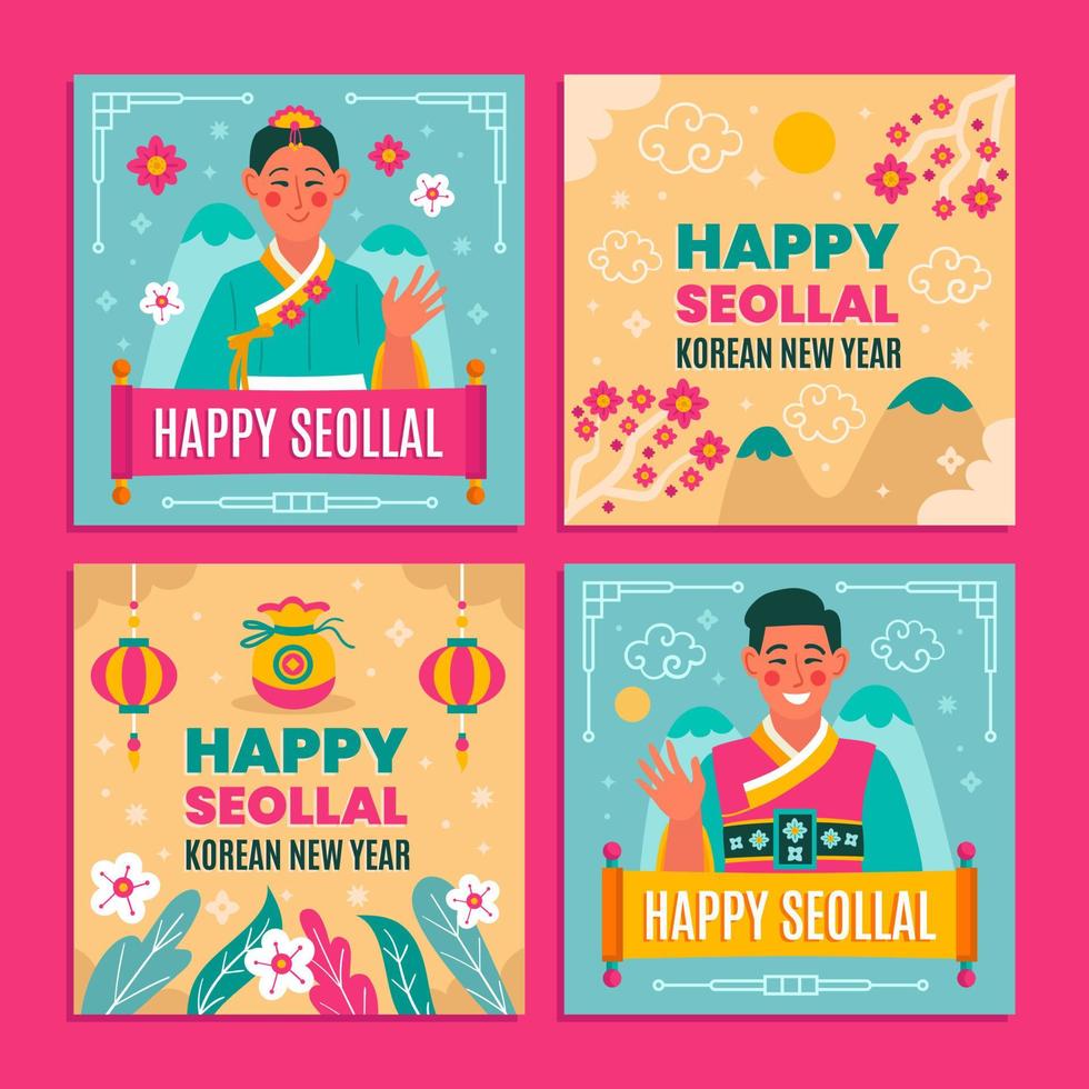Seollal Season Greetings Social Media Templates with Happy Korean People and Ornaments vector