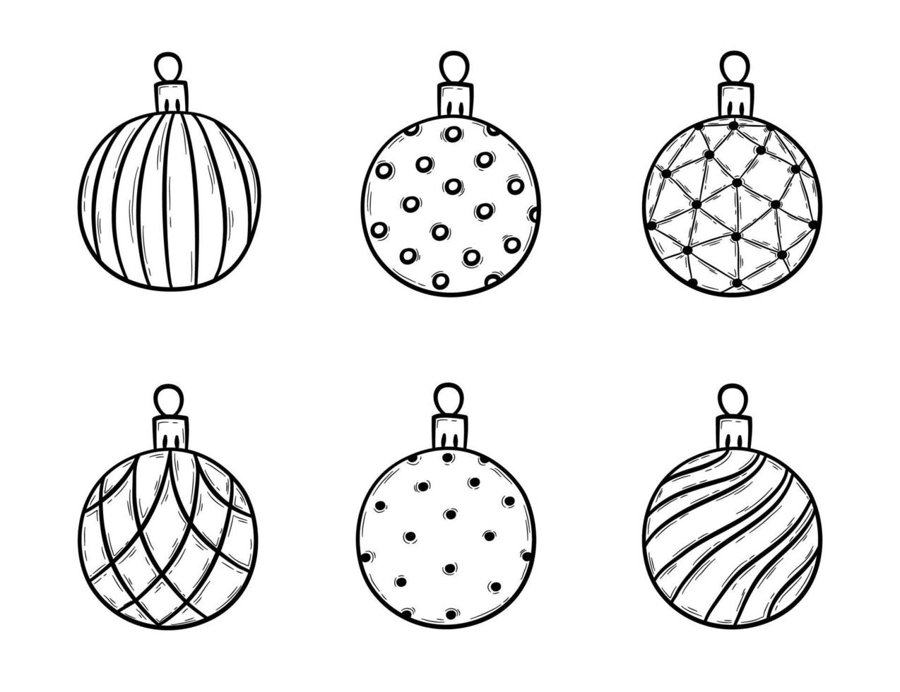 juego de bolas de navidad dibujadas a mano. juguetes para árboles de vacaciones, decoraciones para abetos navideños. elementos de diseño para tarjetas de felicitación. ilustración vectorial en estilo garabato. vector