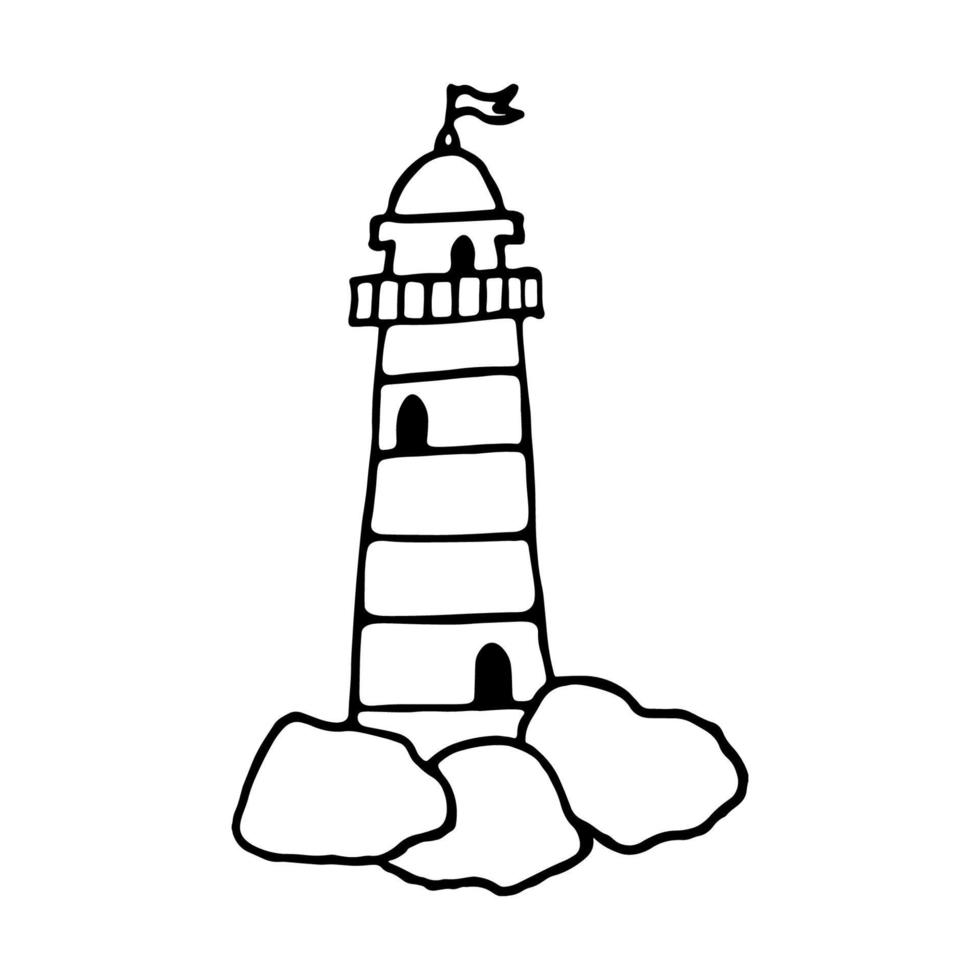 Hand-drawn lighthouse in doodle style. Lighthouse on a white background. Lighthouse icon. Vector illustration