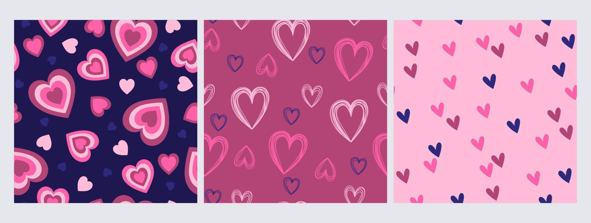 conjunto de patrones sin fisuras con corazones en colores azul y rosa. gráficos vectoriales vector
