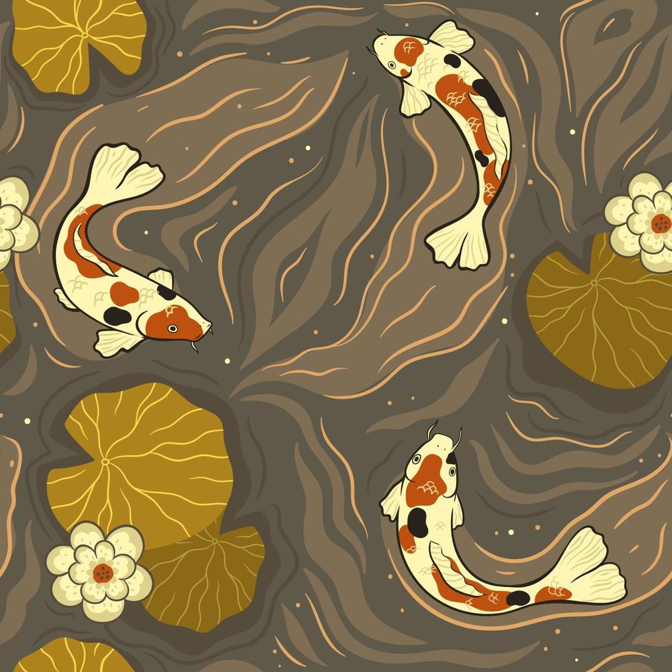 Koi carps in the pond seamless pattern. Vector graphics.