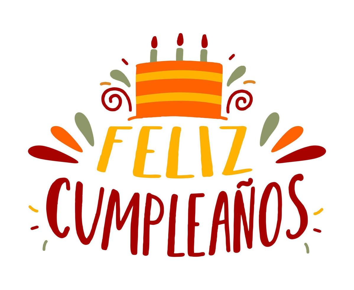 Happy birthday in Spain. Lettering in Spanish with cake and curlicues. Vector illustration 13513783 Vector Art at Vecteezy