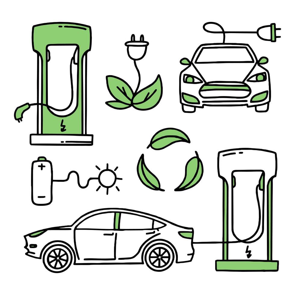 Set elements Electric car. Electric refueling. Co2 climate change concept green energy.  Vector isolated doodle