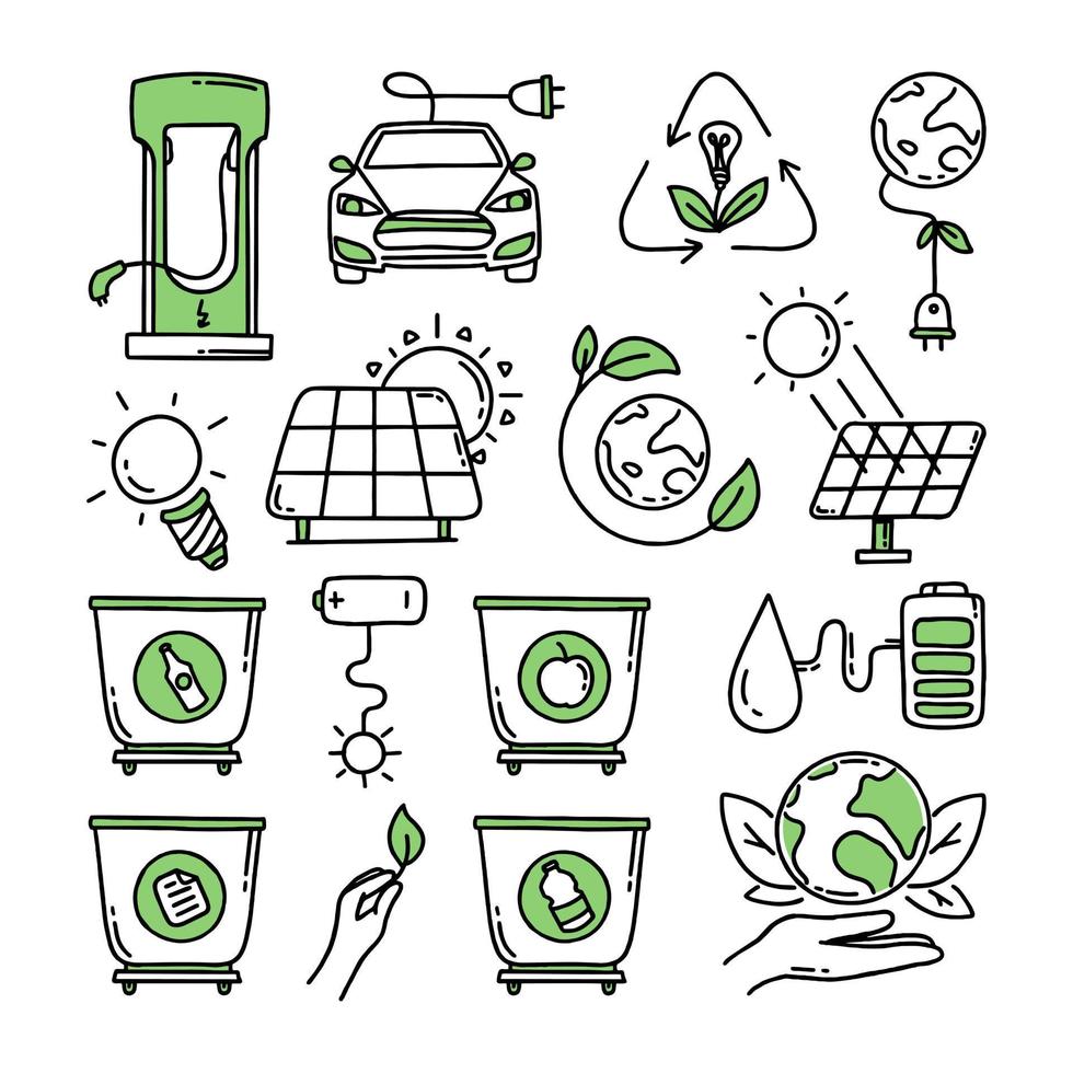 A set of elements. Co2 concept of climate change. Recycling. Separation of garbage. Vector isolated doodle