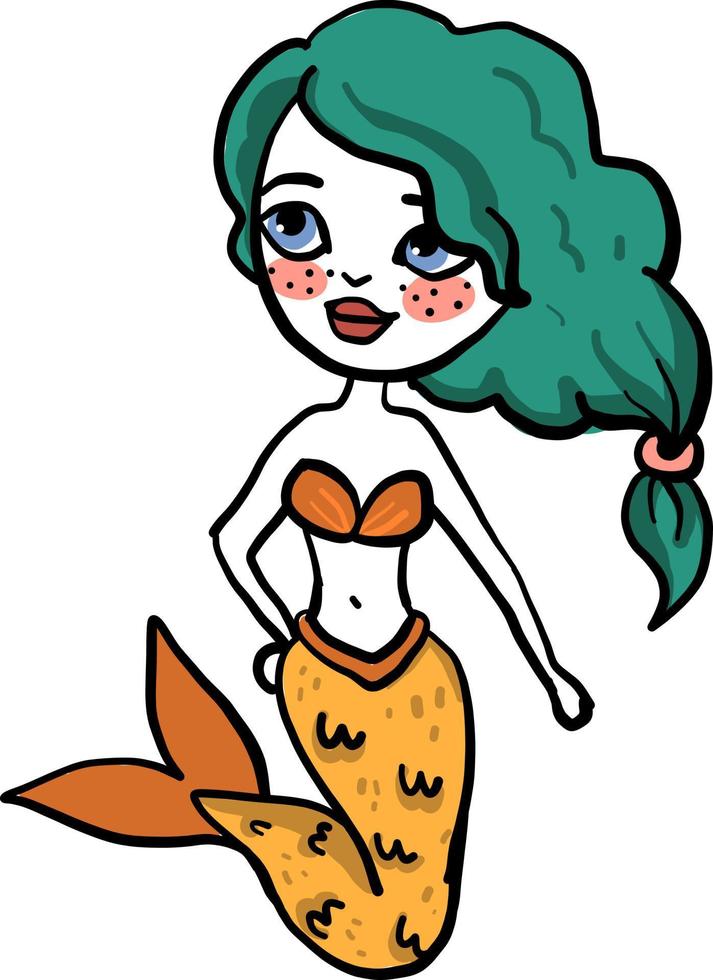 sirena con pelo verde, ilustración, vector sobre fondo blanco