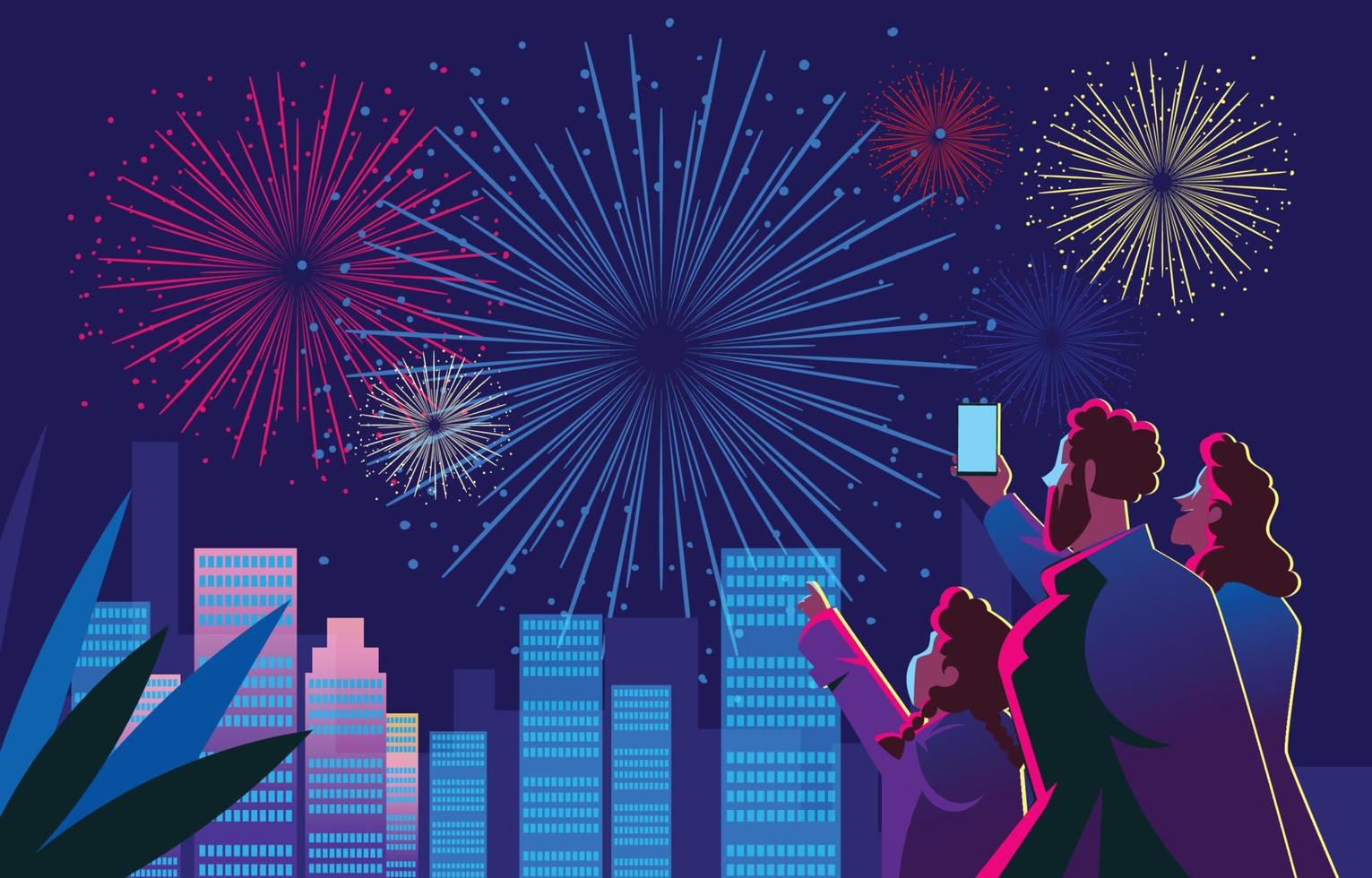 Happy Family in New Year Night with Fireworks vector