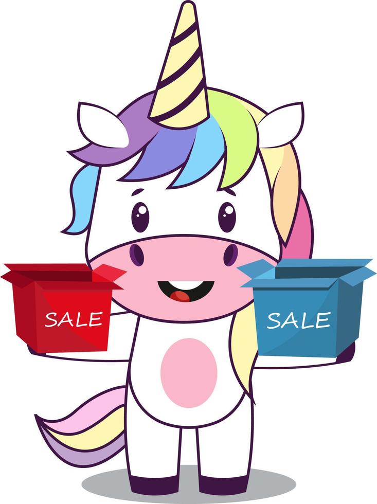 Unicorn with sale box, illustration, vector on white background.