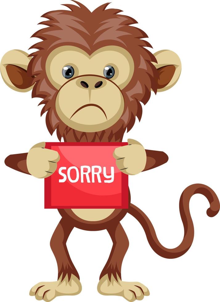 Monkey with sorry sign, illustration, vector on white background.