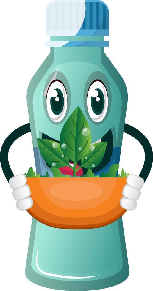 Bottle is holding flowerpot, illustration, vector on white background.