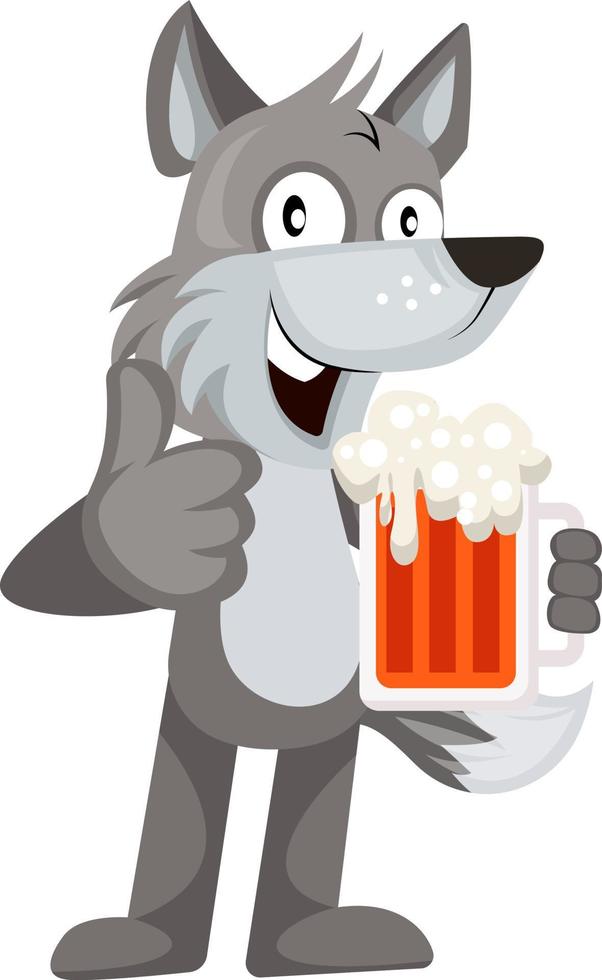 Wolf with beer, illustration, vector on white background.